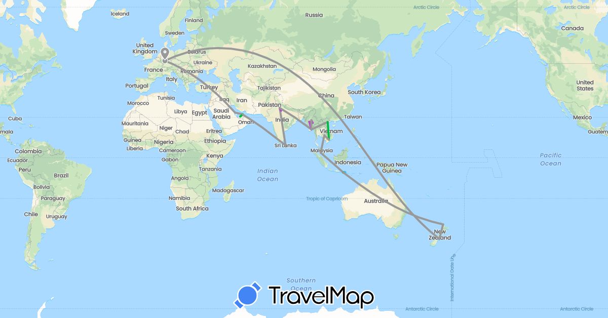 TravelMap itinerary: bus, plane, train, boat in United Arab Emirates, Bahrain, China, Germany, Indonesia, India, Cambodia, Sri Lanka, Myanmar (Burma), Malaysia, New Zealand, Vietnam (Asia, Europe, Oceania)